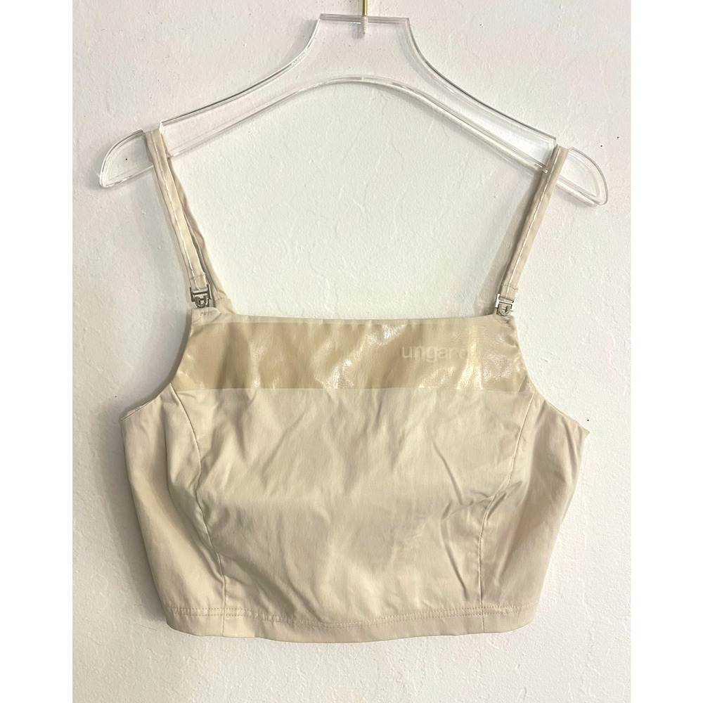 Emanuel Ungaro Paris Vintage Tank Top XS Beige Y2K Stretch Crop Shirt Spellout